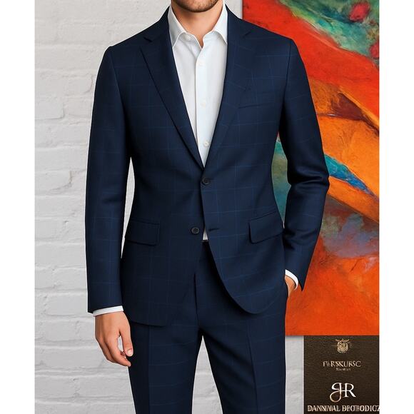 BR Banana Republic Mens 40L 36x31 Slim Navy Blue Plaid Suit Super 150s Italy - Picture 3 of 16